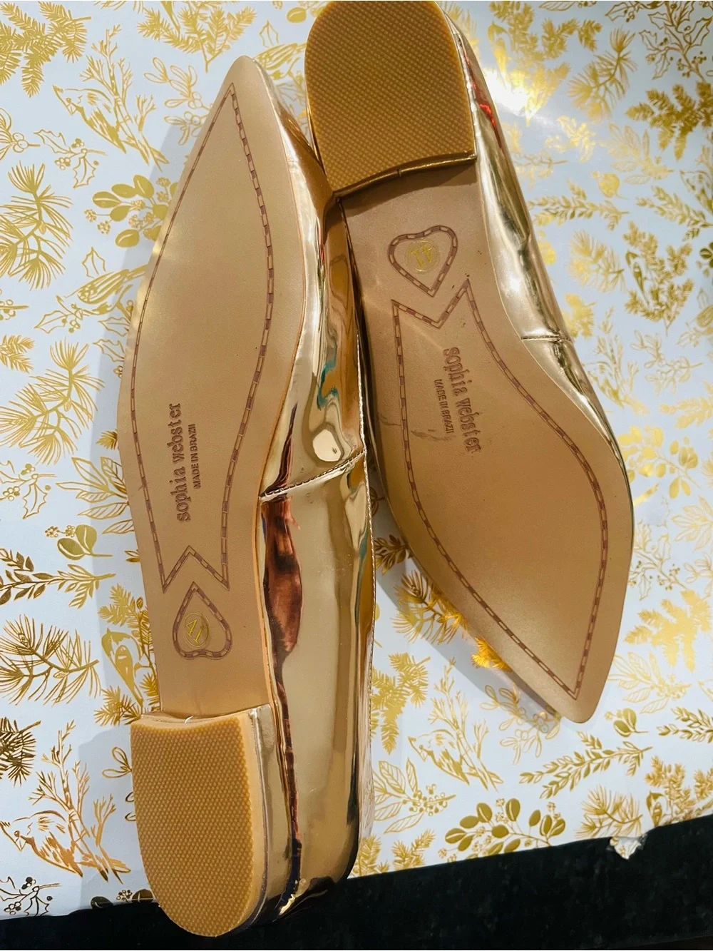 Sophia Webster Gold Metallic Pointed Toe Flats with Embroidered Wing Detail